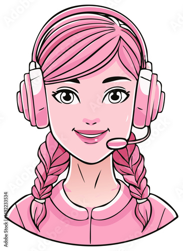 Cartoon woman with pink hair wearing headset