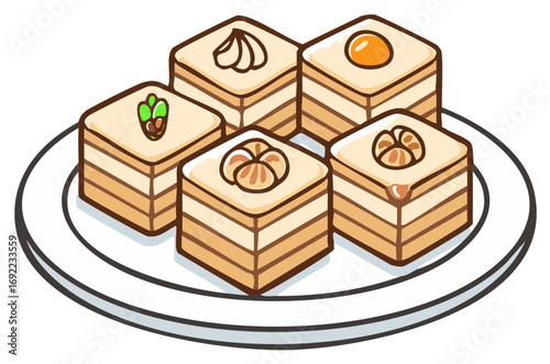 Five layered pastries with assorted toppings arranged on a plate