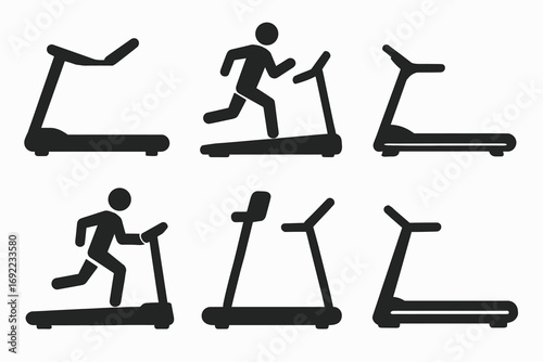 Silhouette of stick figures running on treadmills in various positions