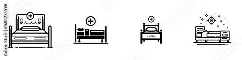 Set of hospital bed icons for medical and healthcare concepts showing patient care equipment and clinic furniture