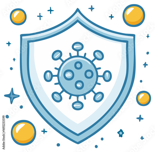 Cartoon illustration of shield protecting against viruses and bacteria