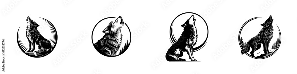 Obraz premium Set of four black and white howling wolf logos in a woodcut style for a nature or wildlife emblem