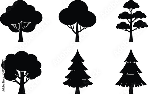 Black silhouette trees vector illustration, pine and deciduous collection, decorative nature artwork, forest plant shapes, graphic woodland design, outdoor landscape elements, botanical foliage art