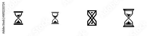 Set of black hourglass icons in various styles isolated on a white background, representing time, waiting, and deadlines