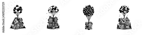 Collection of four black and white vintage houses flying with large bunches of balloons in a classic woodcut art style