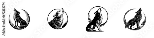 Set of four black and white howling wolf logos in a woodcut style for a nature or wildlife emblem