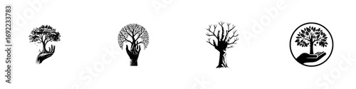 Black and white set of hand and tree silhouettes for nature conservation and environmental protection logos or emblems