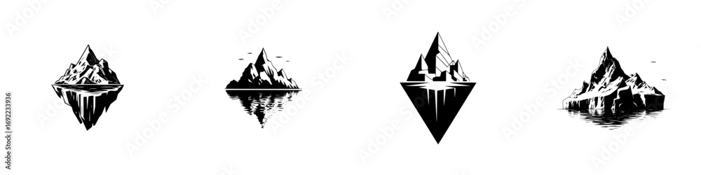 Fototapeta premium Collection of minimalist mountain peak and iceberg silhouettes with reflections in water isolated on a white background