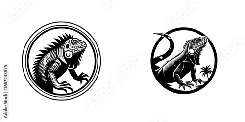 Black and white iguana logo set with two graphic reptile emblems in a circle frame for a tattoo or brand identity design
