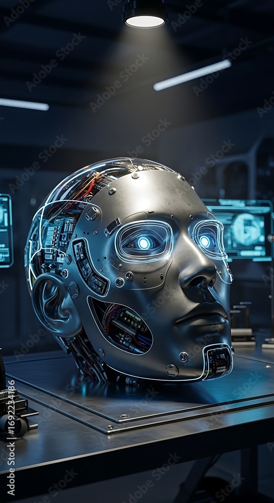 Fototapeta premium Futuristic Robot Head with Glowing Eyes in a High-Tech Lab.