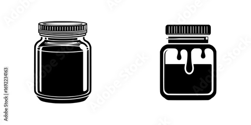 Minimalist black glyph icons of a glass container and a jar with dripping liquid like honey or jam, isolated on a white background