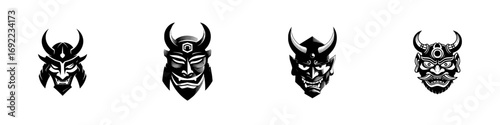 Collection of traditional Japanese warrior and demon masks with horns and fangs isolated on a white background