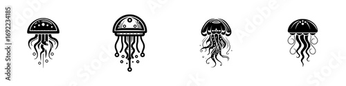 Set of four stylized black jellyfish icons in a minimal graphic style for logo design or tattoo art isolated on a white background