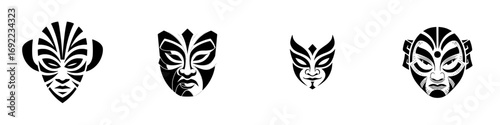 A collection of four distinct tribal masks with ethnic patterns and traditional designs, presented as bold black and white graphic symbols