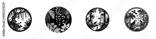 Set of four black and white circular icons with jungle scenes, tropical animals, and exotic plants in a silhouette papercut style