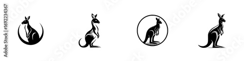 Set of black and white kangaroo logo icons in a minimalist graphic style, featuring silhouette designs of the Australian animal