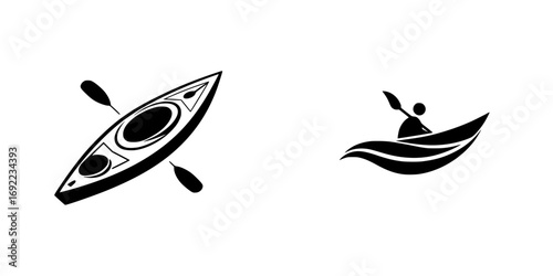 Kayak and canoe icons set with person paddling on water wave, top view and side view silhouette for sport and recreation