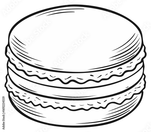Hand drawn illustration of a layered macaron dessert in black and white