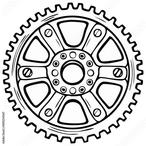 Isolated Black Line Art of a Sprocket with Connecting Hardware and Toothed Rim