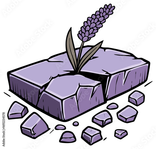 Illustration of lavender plant growing from a cracked stone formation with small rocks around it.