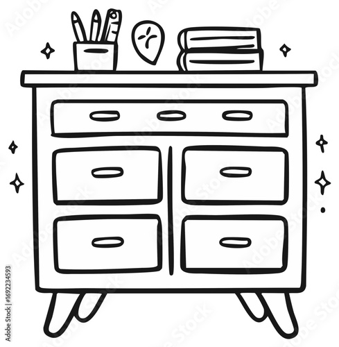 Doodle style dresser with desk accessories and star sparkles