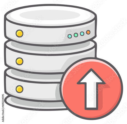 Data upload to server or database, cartoon vector icon for cloud backup and file transfer.