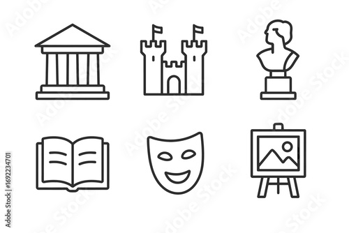 Set of cultural icons: museum, castle, sculpture, book, mask, easel