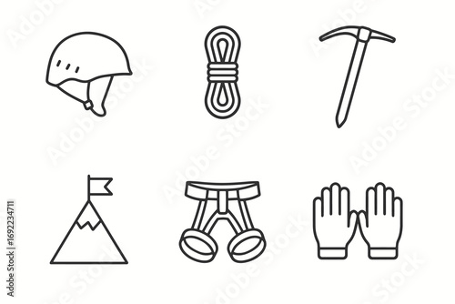 Outline icons of climbing gear: helmet, rope, ice axe, mountain, harness, gloves