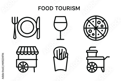 Food tourism icons: dining, wine, pizza, street food, fries, cart