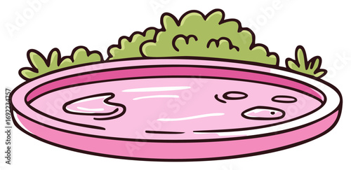 Cartoon pond with pink water, greenery on bank, cute water garden, vector illustration, nature scene