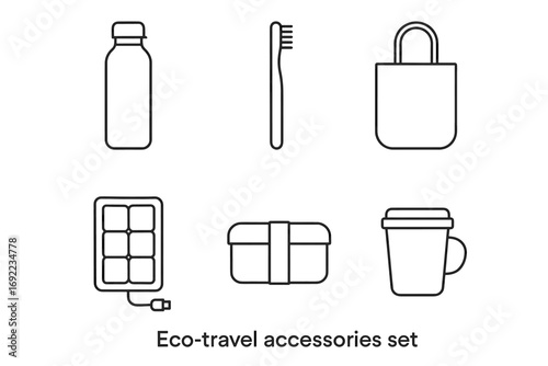Eco-travel accessories: bottle, toothbrush, bag, solar panel, lunch box, cup icons