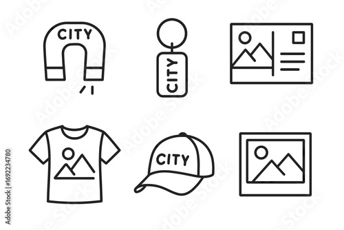 Simple black and white line art for city-themed souvenirs and products