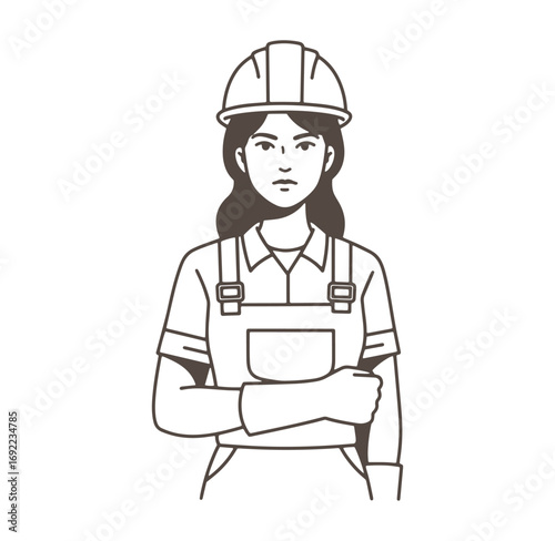 Female construction worker wearing hard hat and overalls in line art illustration