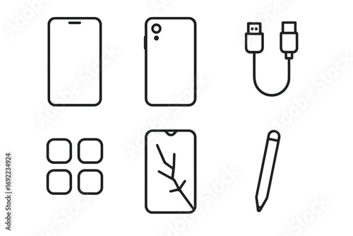 Digital devices and accessories: smartphone, stylus, charger, tablet, apps, and cover icons