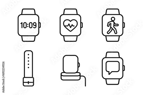 Smart watch line icons set: time, heart rate, activity, strap, charging, messages