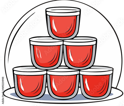 Colorful cartoon glasses with red juice stacked on a plate
