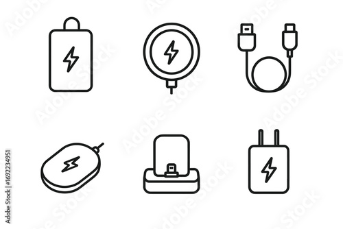 Collection of charging accessories including power bank, wireless charger, and cable
