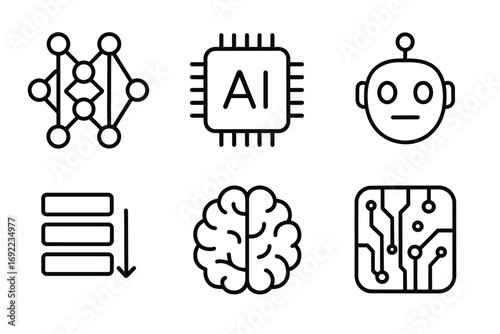 Artificial intelligence icon set: neural network, ai chip, robot face, brain, circuit board
