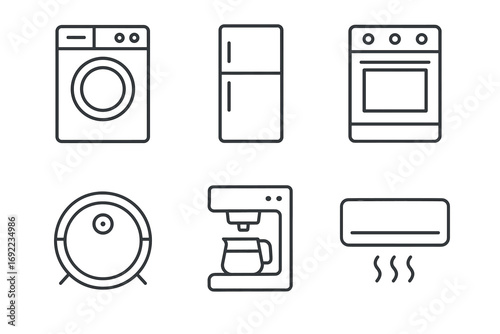 Minimalist line art of home appliances including washer, fridge, oven, robot vacuum, coffee maker, air conditioner
