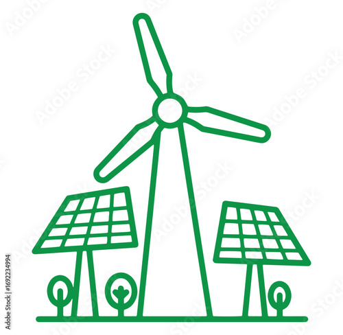 Green outline illustration of wind turbine and solar panels representing renewable energy sources