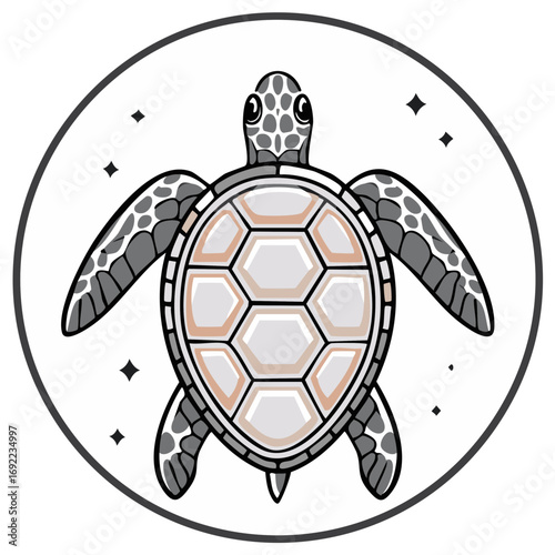 Cute sea turtle cartoon logo illustration of a swimming marine reptile inside a circular frame.