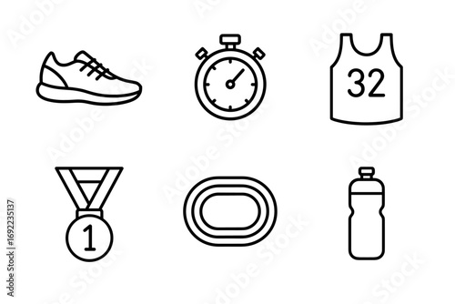 Running gear icons: shoe, stopwatch, jersey, medal, track, water bottle
