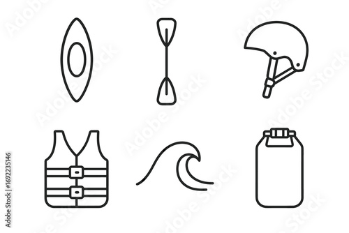 Kayaking essentials: kayak, paddle, helmet, life vest, wave, dry bag icons