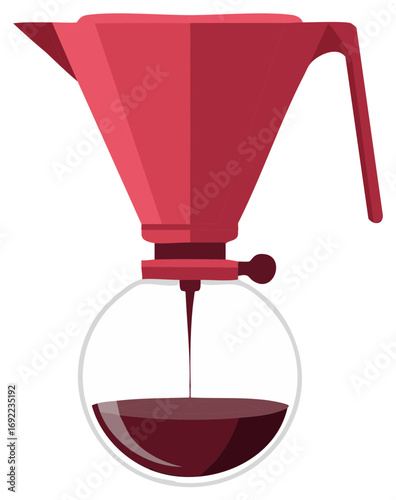 Modern red coffee maker brewing dark coffee into a glass carafe