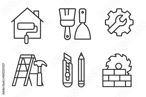 Home renovation tools icons set: ladder, hammer, paintbrush, saw, wrench