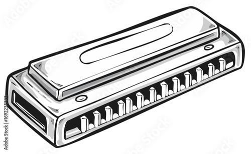 Monochrome Harmonica Illustration Detailed Line Art Style Blues Music Instrument