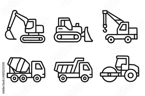 Line art icons of construction vehicles: excavator, bulldozer, crane, mixer, dumper, roller