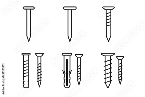 Collection of different nail and screw icons in line art style