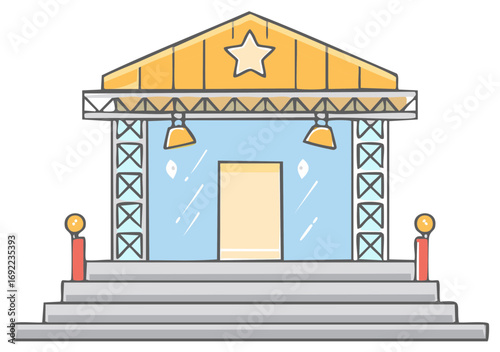 Cartoon Illustration of a Theater Building Stage with Staircase and Lights