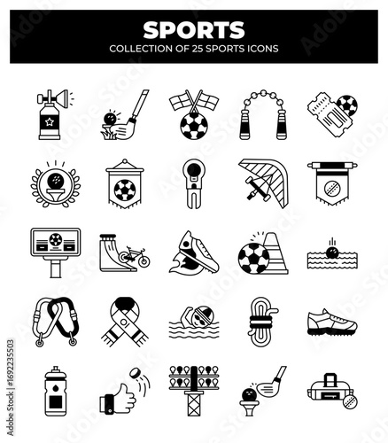 Collection of 25 Sports Icons. Sport Equipment. Game. and Fitness